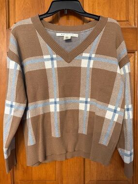 Max Studio Brown Plaid V-Neck Sweater with Cream & Light Blue Accents